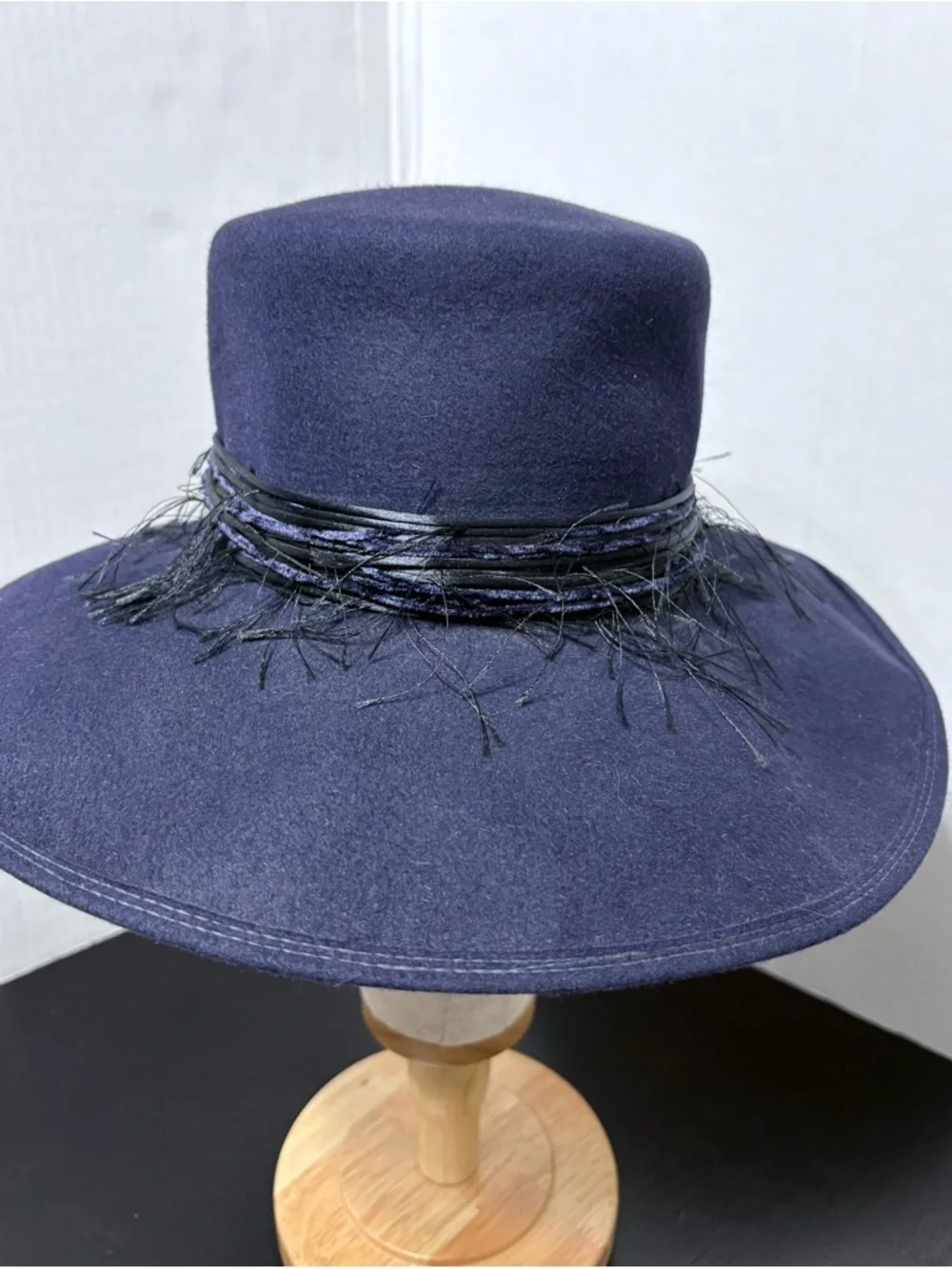 Patricia Underwood Navy Wide-Brim Wool Fedora Hat with Black Decorative Band